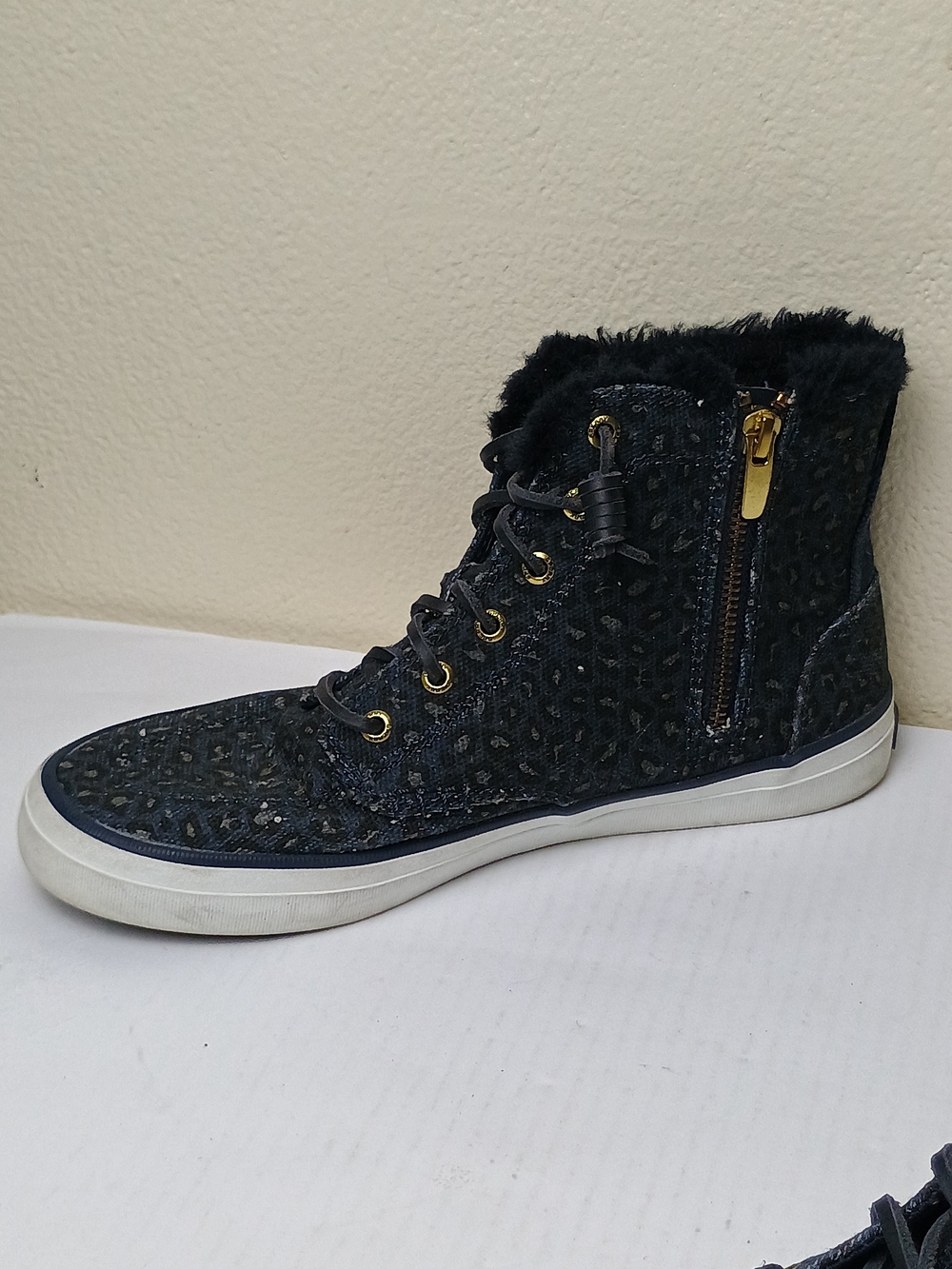 Sperry Top-Sider Crest 8.5M Blue Gold Leopard-Print Faux Fur High-Top Sneakers - Picture 8 of 14